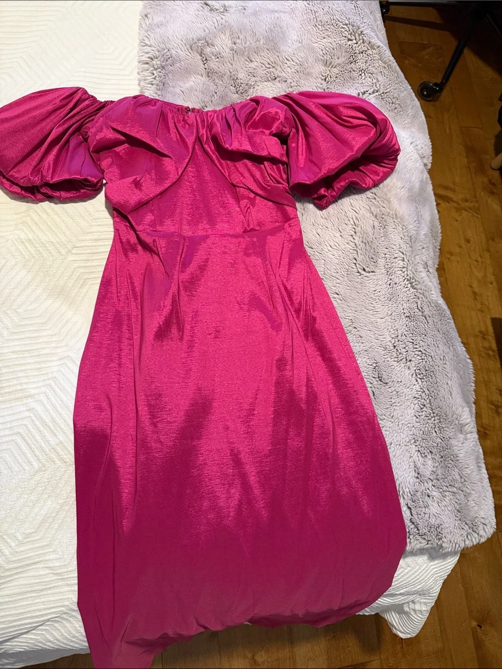Off-Shoulder Puff Sleeve Fuchsia Dress